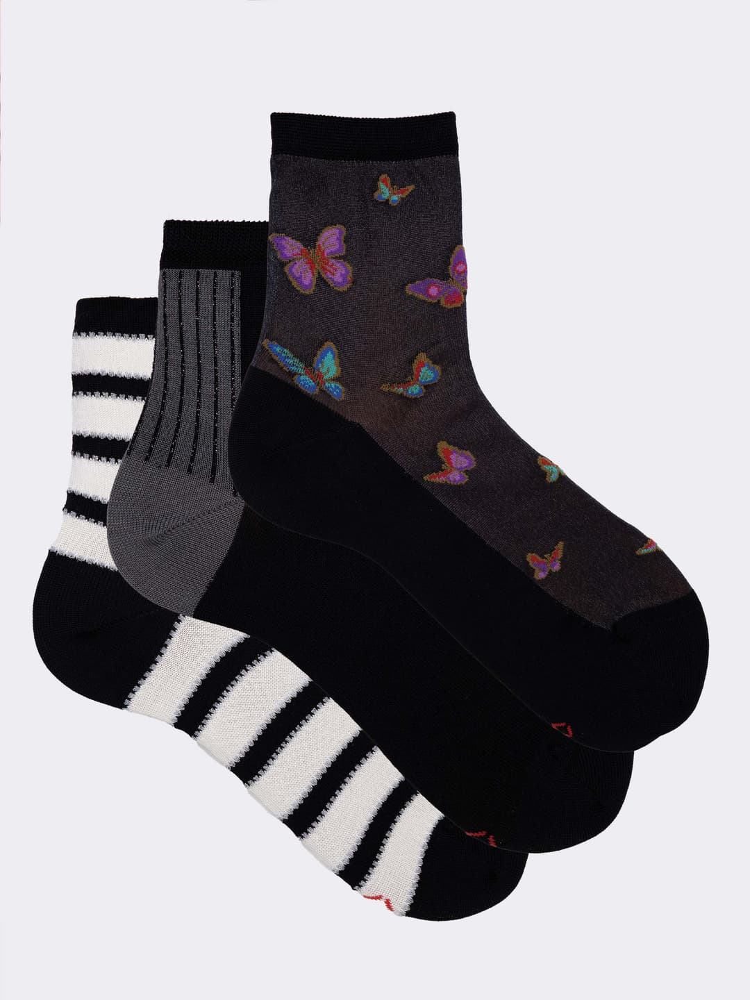 Gift Set of 3 Pairs of Patterned Women's Socks Made in Italy in Cool Cotton - Black