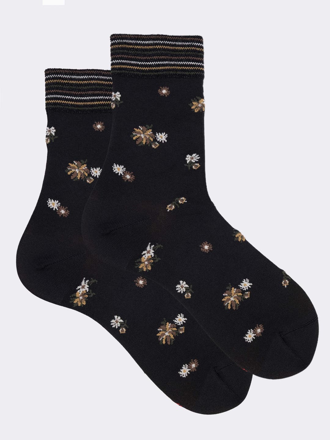 Calze corte donna fantasia a fiori con polsino a righe - Made in Italy